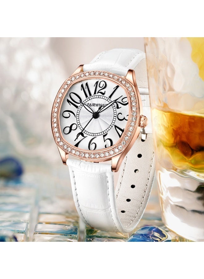 Mark Fairwhale White Strap: Mark Fair Fairwhale Retro Water-resistant Diamond-set Watch - White Dial, Stainless Steel Case, White Genuine Leather Strap - Image 2